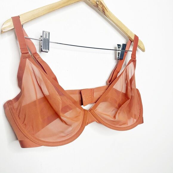 CUUP THE PLUNGE Mesh Bra womens 40E clay pink underwire semi sheer - Picture 3 of 6